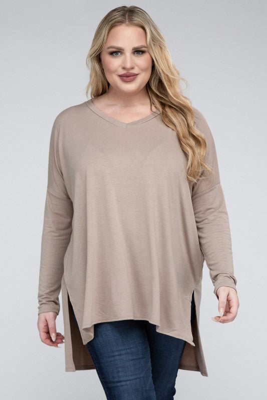 Plus Dolman Sleeve V-Neck Side Slit Hi-Low Hem Top, Top, Long Sleeve, Plus, Polyester, Solid, Tunics, V-Neck - Miah & Elliott