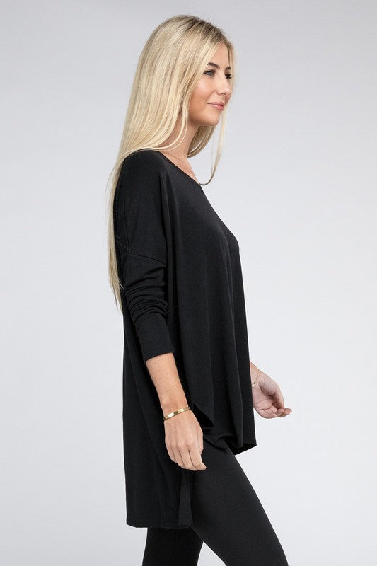 Dolman Long Sleeve V-Neck Side Slit Hi-Low Hem Top, Top, Long Sleeve, Missy, Polyester, Solid, Tunics, V-Neck - Miah & Elliott