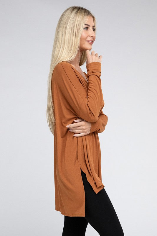 Dolman Long Sleeve V-Neck Side Slit Hi-Low Hem Top, Top, Long Sleeve, Missy, Polyester, Solid, Tunics, V-Neck - Miah & Elliott