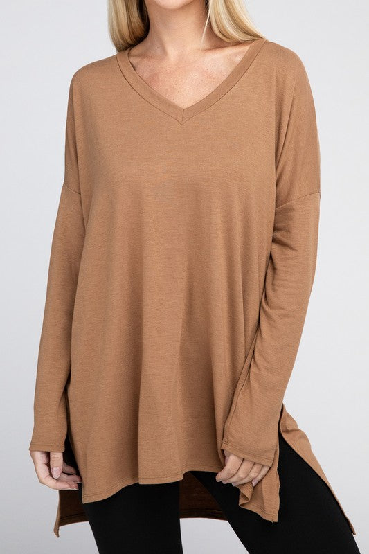 Dolman Long Sleeve V-Neck Side Slit Hi-Low Hem Top, Top, Long Sleeve, Missy, Polyester, Solid, Tunics, V-Neck - Miah & Elliott