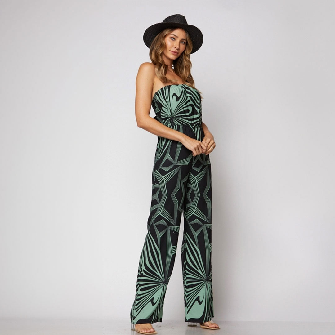 Retro Geo Print Strapless Jumpsuit, Jumpsuit, Green, Jumpsuit, Woman apparel, Womens clothing - Miah & Elliott