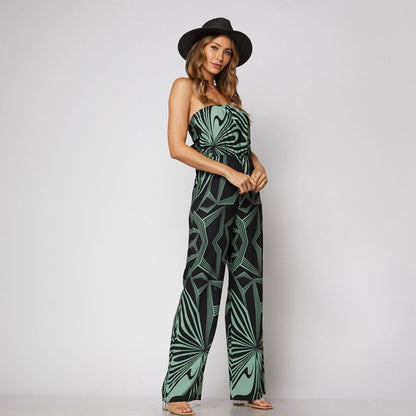 Retro Geo Print Strapless Jumpsuit, Jumpsuit, Green, Jumpsuit, Woman apparel, Womens clothing - Miah & Elliott
