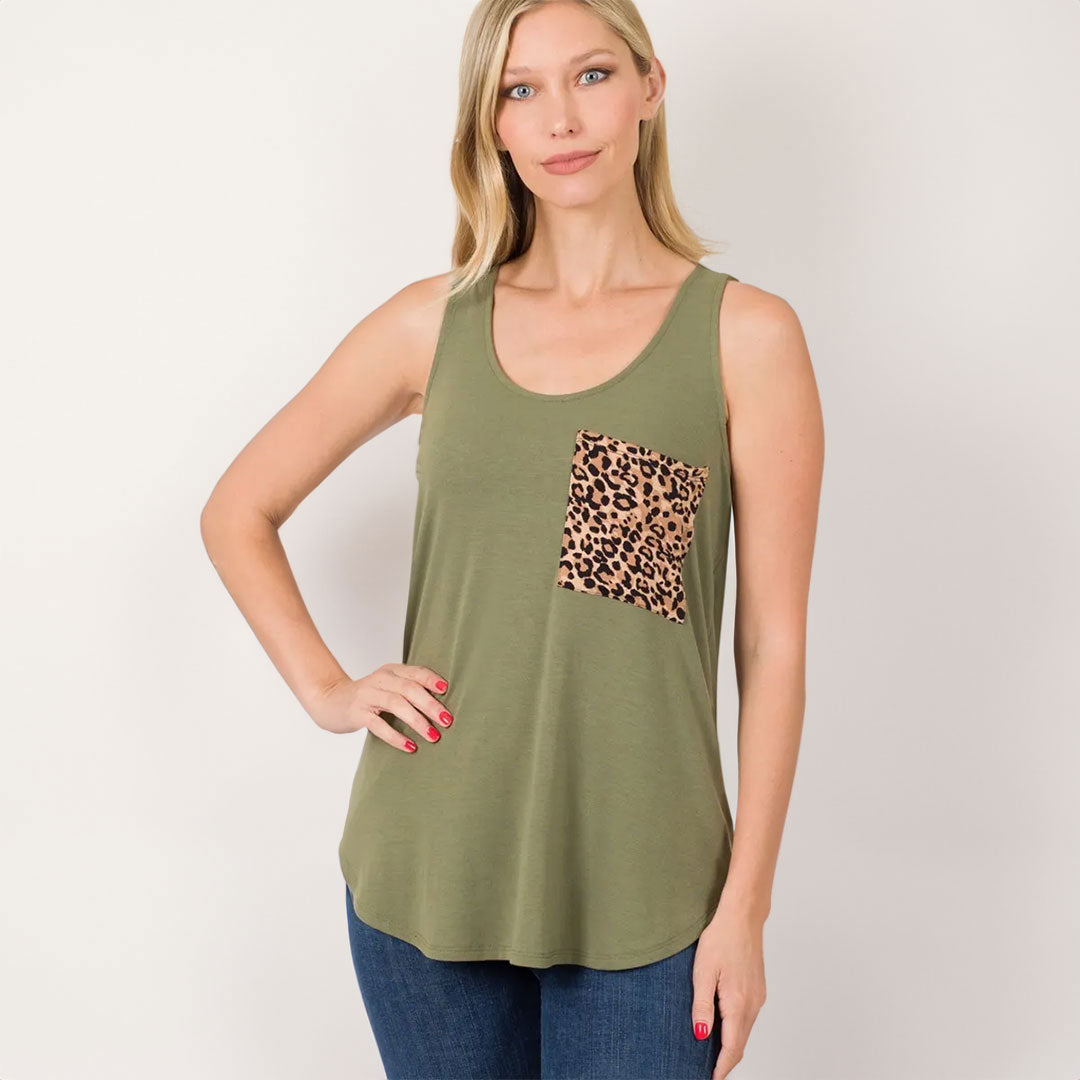 Sleeveless Leopard Pocket Print, Top, Cute top, Leopard, Olive, Top, With curves, Woman apparel, Women's top, Womens clothing - Miah & Elliott