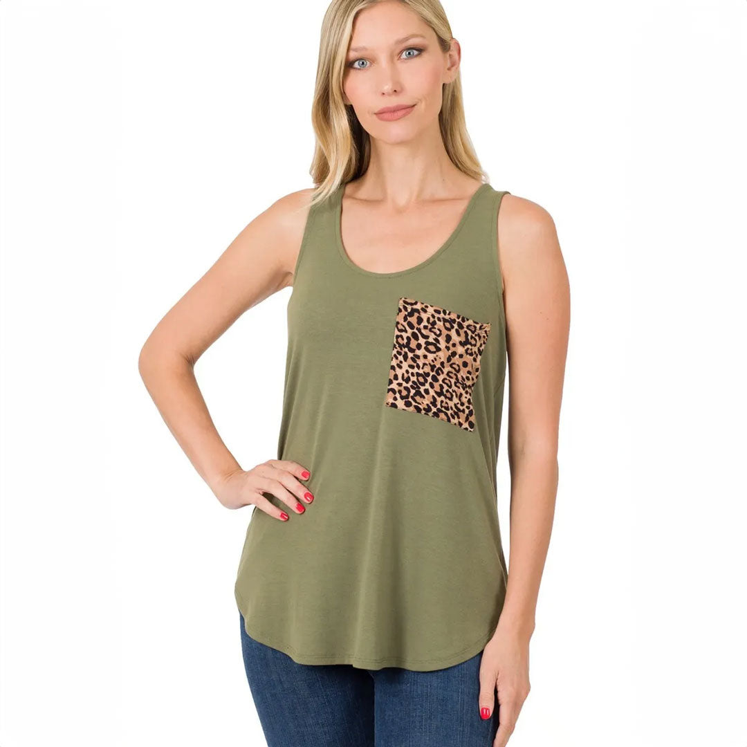 Sleeveless Leopard Pocket Print, Top, Cute top, Leopard, Olive, Top, With curves, Woman apparel, Women's top, Womens clothing - Miah & Elliott