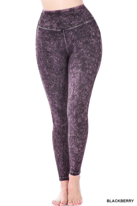 Mineral Washed Wide Waistband Yoga Leggings, Pants, Blackberry, Burgundy, Leggings, Mineral Washed - Miah & Elliott