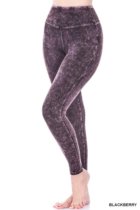 Mineral Washed Wide Waistband Yoga Leggings, Pants, Blackberry, Burgundy, Leggings, Mineral Washed - Miah & Elliott