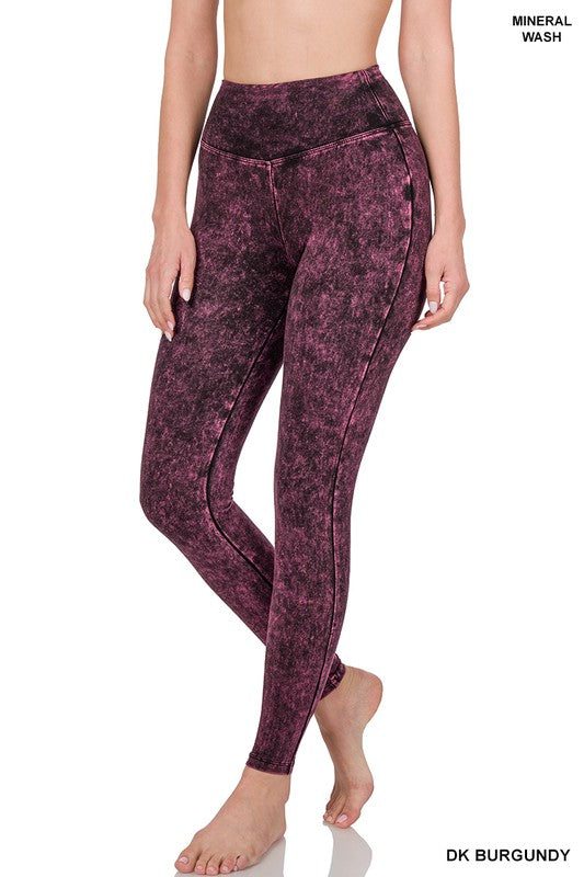 Mineral Washed Wide Waistband Yoga Leggings, Pants, Blackberry, Burgundy, Leggings, Mineral Washed - Miah & Elliott