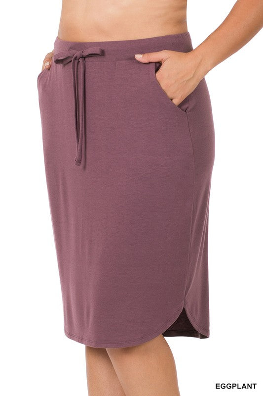 Plus Self Tie Tulip Hem Skirt with Side Pockets, Skirts, Ash Grey, Black, Casual Skirt - Miah & Elliott