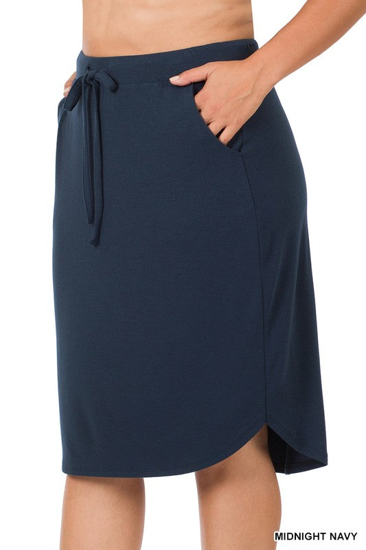 Plus Self Tie Tulip Hem Skirt with Side Pockets, Skirts, Ash Grey, Black, Casual Skirt - Miah & Elliott