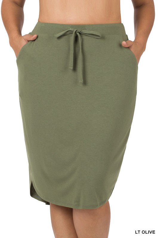 Plus Self Tie Tulip Hem Skirt with Side Pockets, Skirts, Ash Grey, Black, Casual Skirt - Miah & Elliott