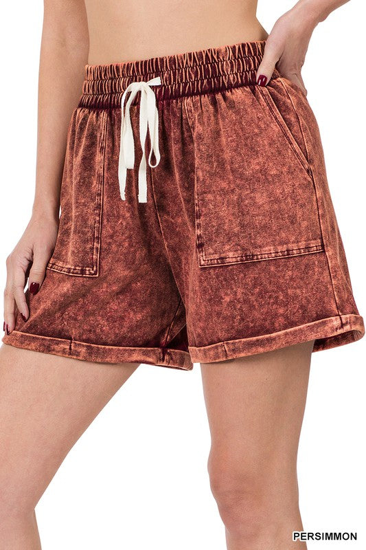 Mineral Wash Drawstring Cuffed Shorts, Shorts, Aqua, Blackberry, Casual Shorts, Charcoal, Missy, Shorts - Miah & Elliott