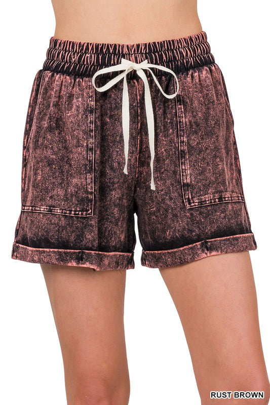 Mineral Wash Drawstring Cuffed Shorts, Shorts, Aqua, Blackberry, Casual Shorts, Charcoal, Missy, Shorts - Miah & Elliott