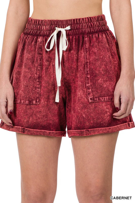 Mineral Wash Drawstring Cuffed Shorts, Shorts, Aqua, Blackberry, Casual Shorts, Charcoal, Missy, Shorts - Miah & Elliott