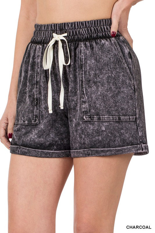 Mineral Wash Drawstring Cuffed Shorts, Shorts, Aqua, Blackberry, Casual Shorts, Charcoal, Missy, Shorts - Miah & Elliott