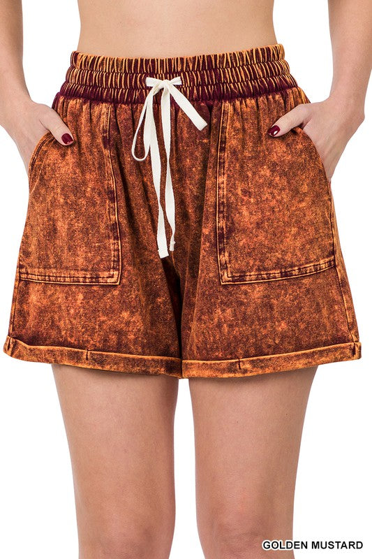 Mineral Wash Drawstring Cuffed Shorts, Shorts, Aqua, Blackberry, Casual Shorts, Charcoal, Missy, Shorts - Miah & Elliott