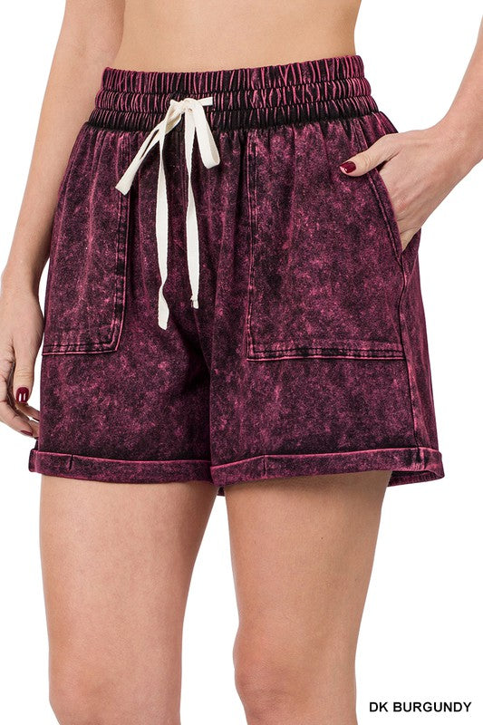 Mineral Wash Drawstring Cuffed Shorts, Shorts, Aqua, Blackberry, Casual Shorts, Charcoal, Missy, Shorts - Miah & Elliott