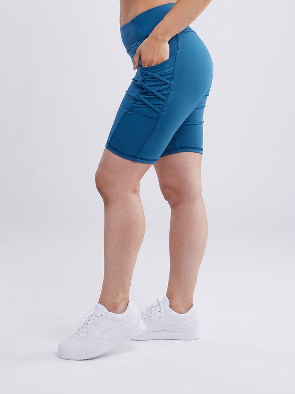 High-Waisted Mid-Thigh Shorts w Pockets, Shorts, Bike Shorts, Biker shorts, Black, Blue, grey, Shorts - Miah & Elliott