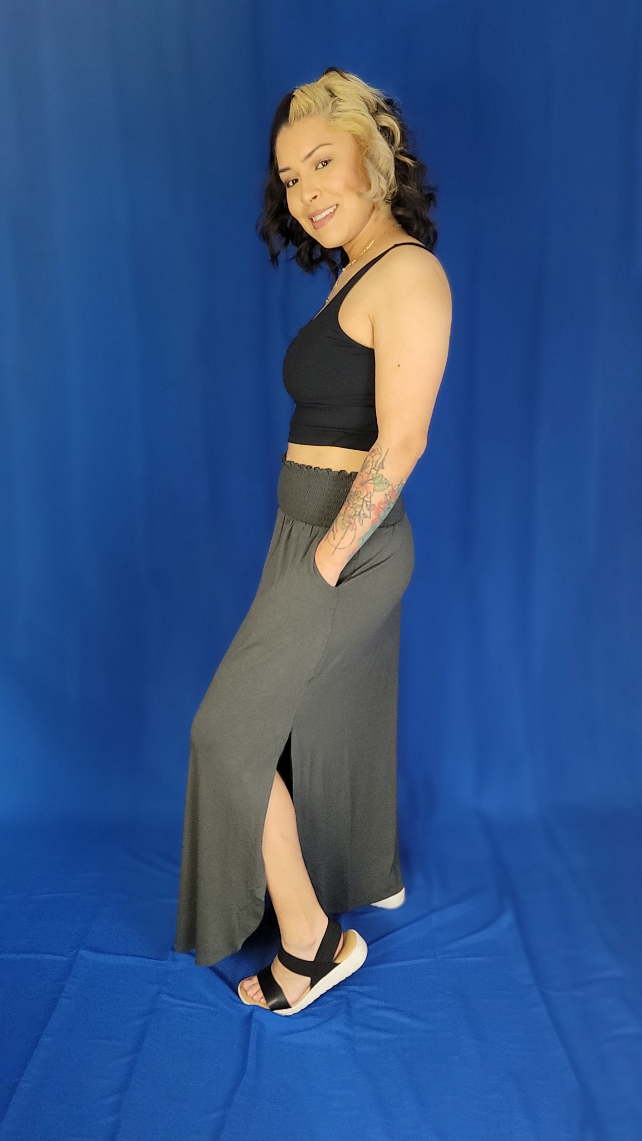 Side Slit Maxi Pocket Skirt, Skirts, Ash Grey, Curvy, Dress, Maxi, Skirt, Woman apparel, Womens clothing - Miah & Elliott